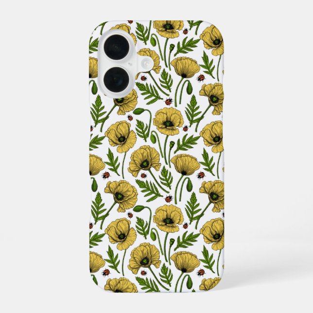 Yellow poppies and ladybugs iPhone 16 case (Back)