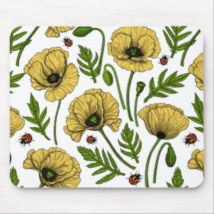 Yellow poppies and ladybugs mouse pad
