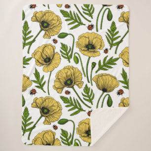 Yellow poppies and ladybugs sherpa blanket