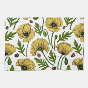 Yellow poppies and ladybugs tea towel