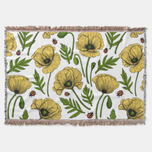 Yellow poppies and ladybugs throw blanket