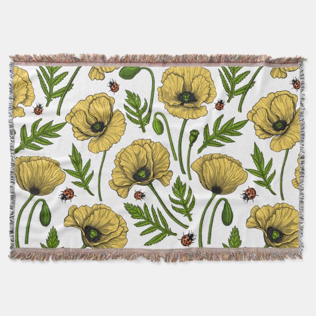 Yellow poppies and ladybugs throw blanket (Front)
