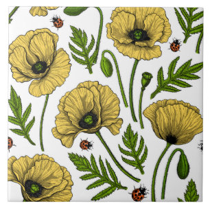 Yellow poppies and ladybugs tile