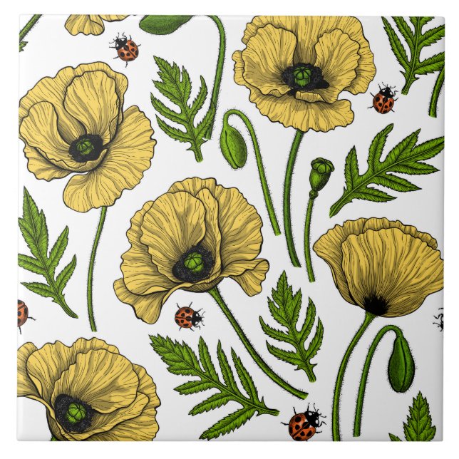 Yellow poppies and ladybugs tile (Front)