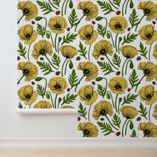 Yellow poppies and ladybugs wallpaper