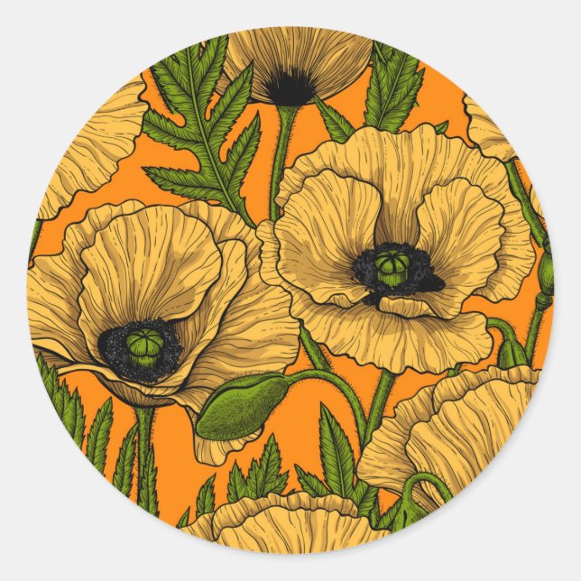 Yellow poppies classic round sticker (Front)