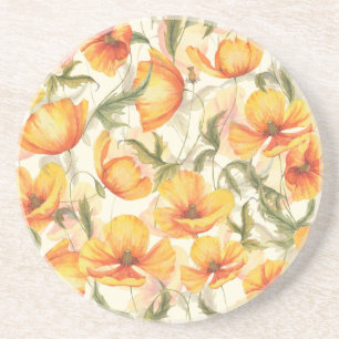 Yellow poppies: hand-drawn watercolor pattern. coaster