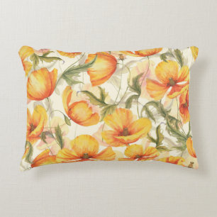 Yellow poppies: hand-drawn watercolor pattern. decorative cushion