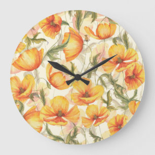 Yellow poppies: hand-drawn watercolor pattern. large clock