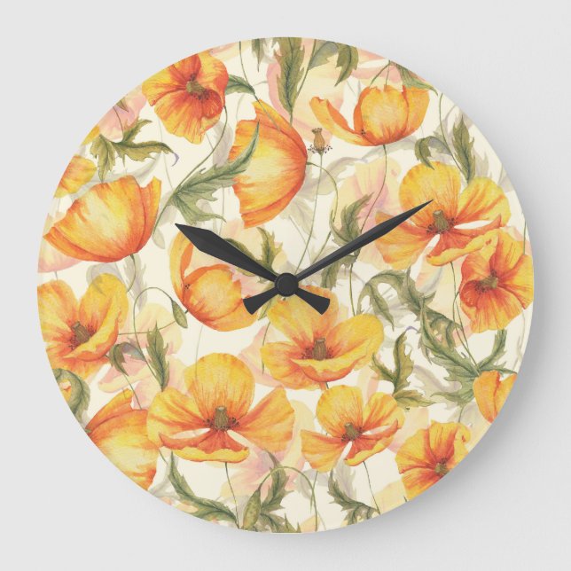 Yellow poppies: hand-drawn watercolor pattern. large clock (Front)