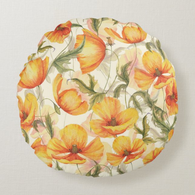 Yellow poppies: hand-drawn watercolor pattern. round cushion (Front)