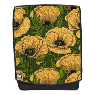 Yellow poppies on dark green backpack