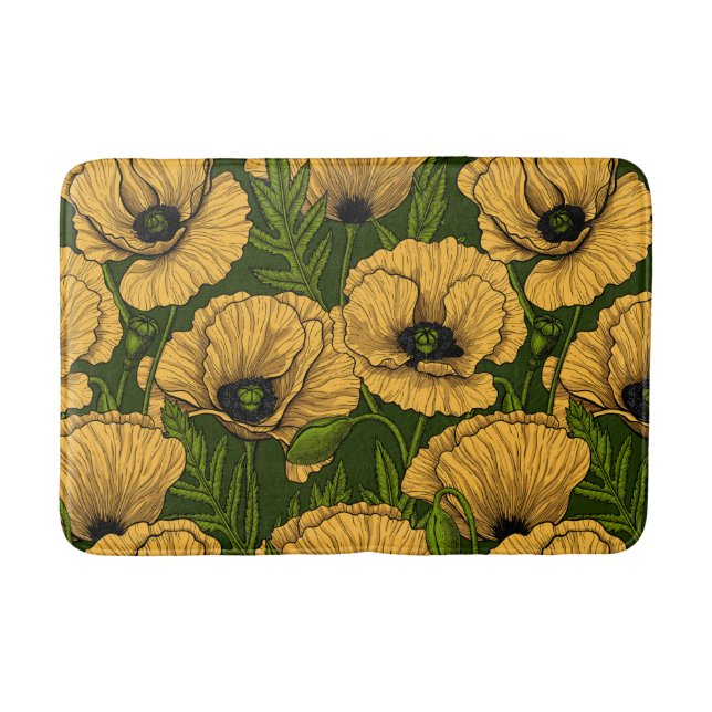 Yellow poppies on dark green bath mat (Front)