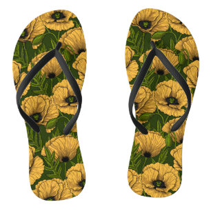 Yellow poppies on dark green jandals