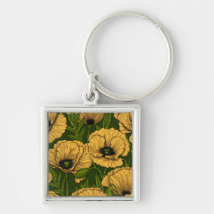 Yellow poppies on dark green key ring