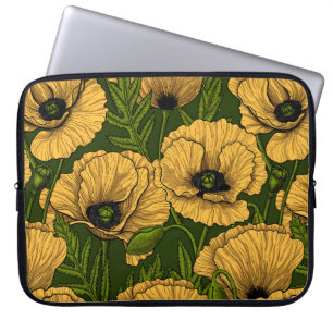 Yellow poppies on dark green laptop sleeve