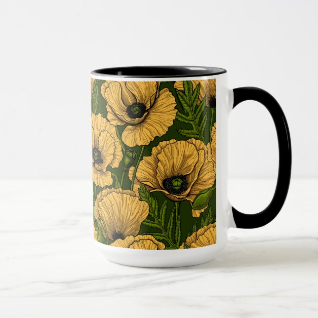 Yellow poppies on dark green mug (Right)