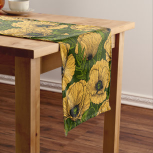Yellow poppies on dark green short table runner