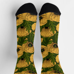 Yellow poppies on dark green socks