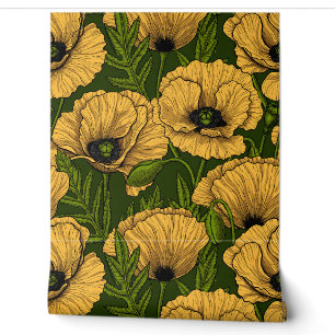 Yellow poppies on dark green wallpaper