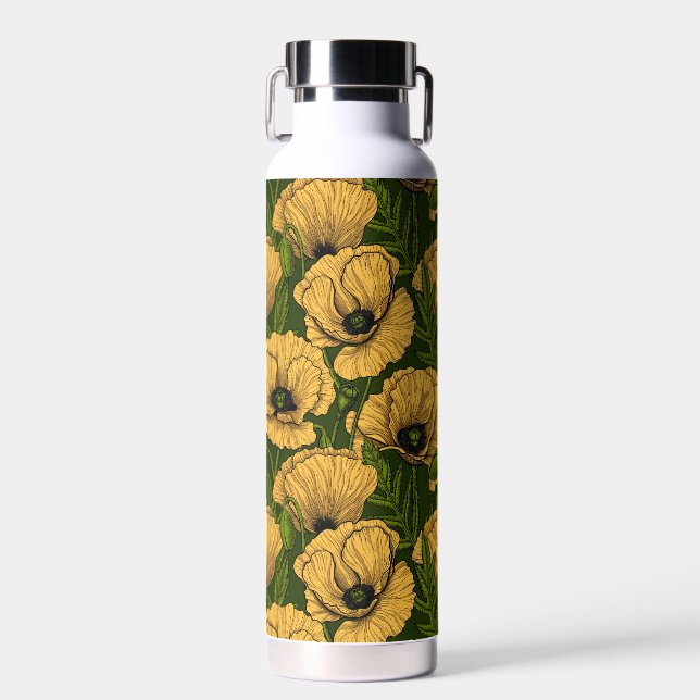 Yellow poppies on dark green water bottle (Front)
