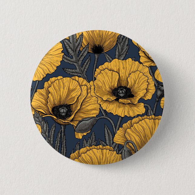 Yellow poppies on navy 6 cm round badge (Front)