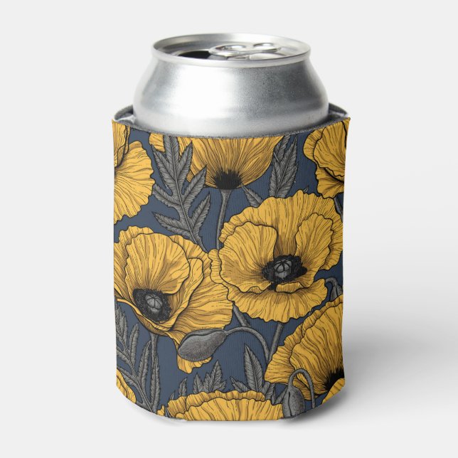 Yellow poppies on navy can cooler (Can Front)