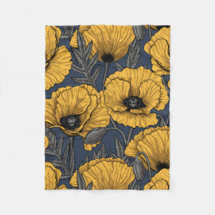 Yellow poppies on navy fleece blanket