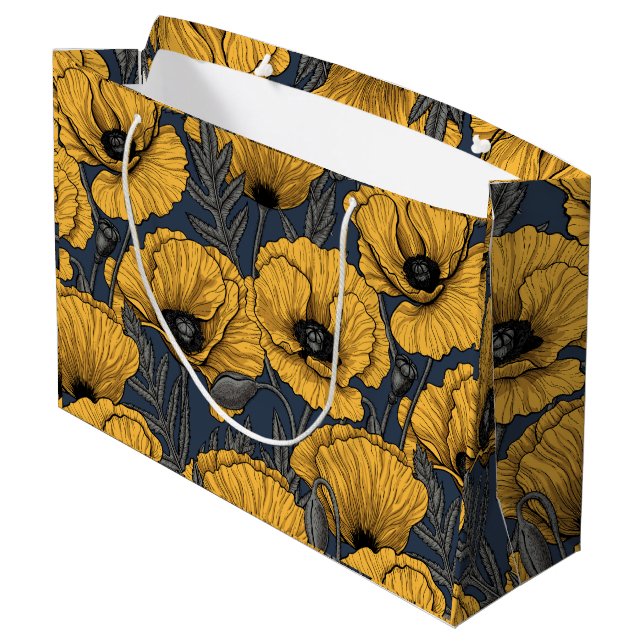 Yellow poppies on navy large gift bag (Back Angled)