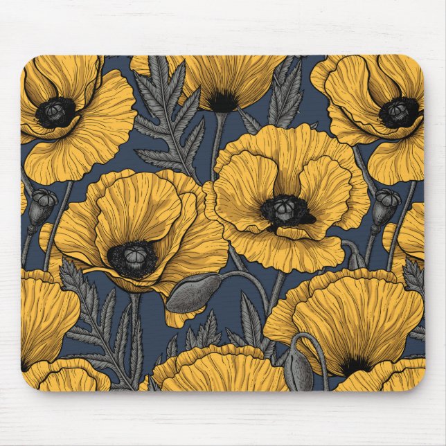 Yellow poppies on navy mouse pad (Front)