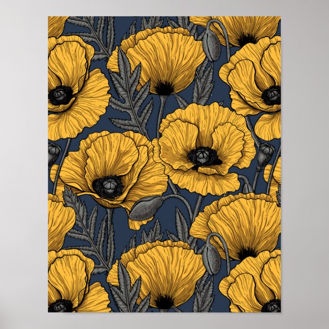 Yellow poppies on navy poster (Front)
