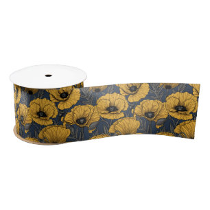 Yellow poppies on navy satin ribbon