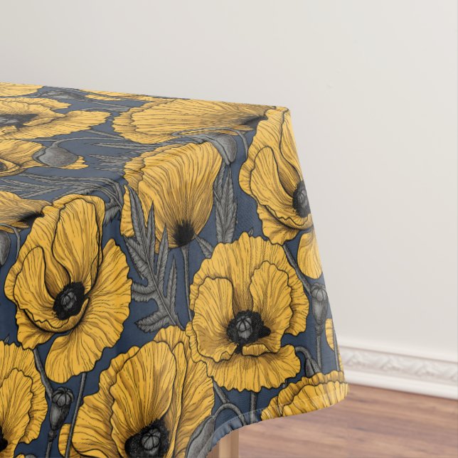 Yellow poppies on navy tablecloth (In Situ)