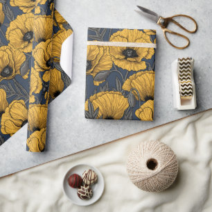 Yellow poppies on navy wrapping paper