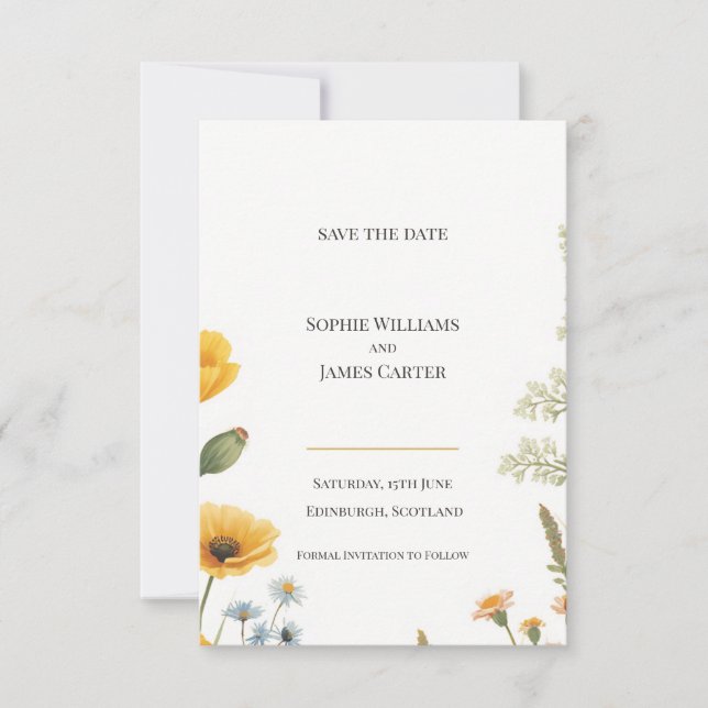 Yellow Poppy Fern Botanical Scottish Wedding Save The Date (Front)
