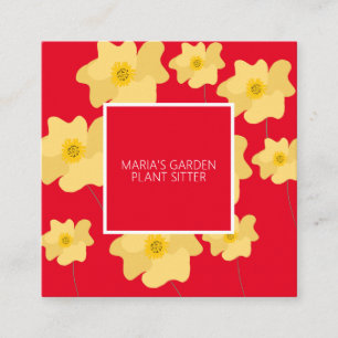 Yellow Poppy Floral Garden Plant Sitter Red Square Business Card