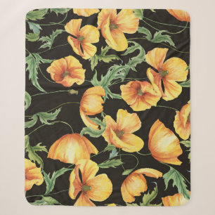 Yellow Poppy Watercolor Floral Pattern Sherpa Blanket