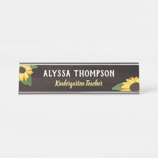 Yellow Pretty Sunflowers Rustic Wood Name Teacher Desk Name Plate (Front)