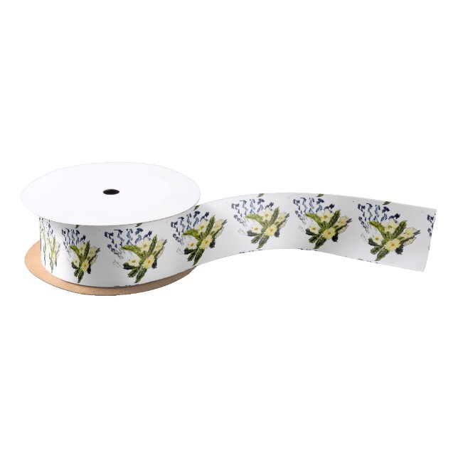 Yellow Primrose, Bluebell Flowers, Floral Satin Ribbon (Spool)