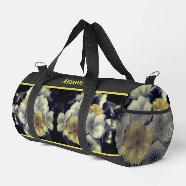 Yellow Primrose Flower Partial Colour Personalised Duffle Bag (Right Corner)
