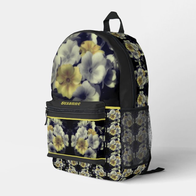 Yellow Primrose Flower Partial Colour Personalised Printed Backpack (Back Corner Right)