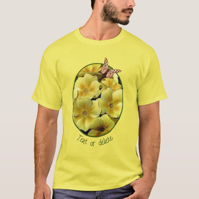Yellow Primrose Flowers And Butterfly T-Shirt (Front)