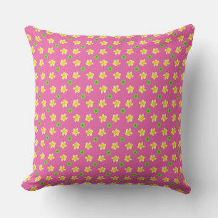 Yellow Primroses and Green Polka Dots on Pink Cushion