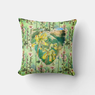 Yellow Primula Heart and Pink Hollyhocks Pattern Cushion