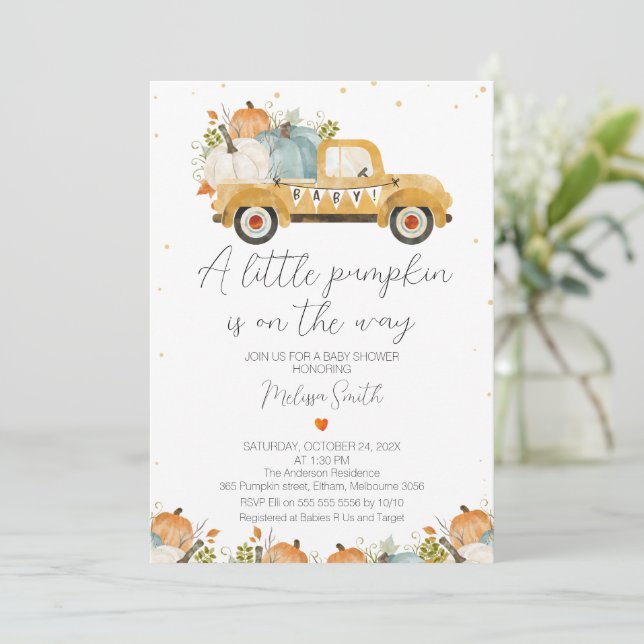 Yellow Pumpkin Truck Heart Baby Shower Invitation (Standing Front)