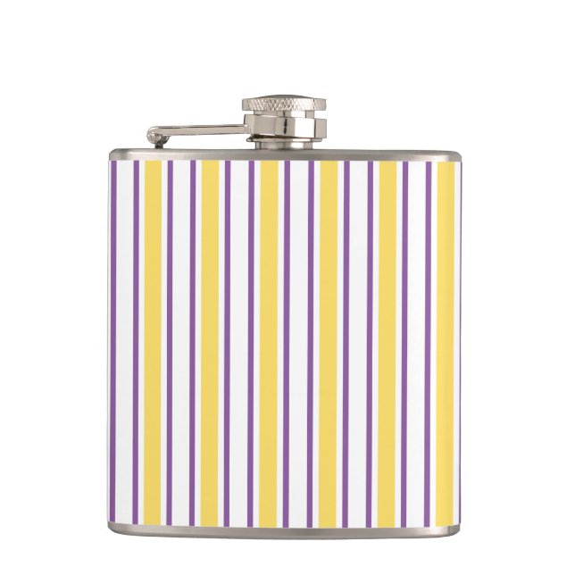 Yellow, purple and white candy stripes hip flask (Front)