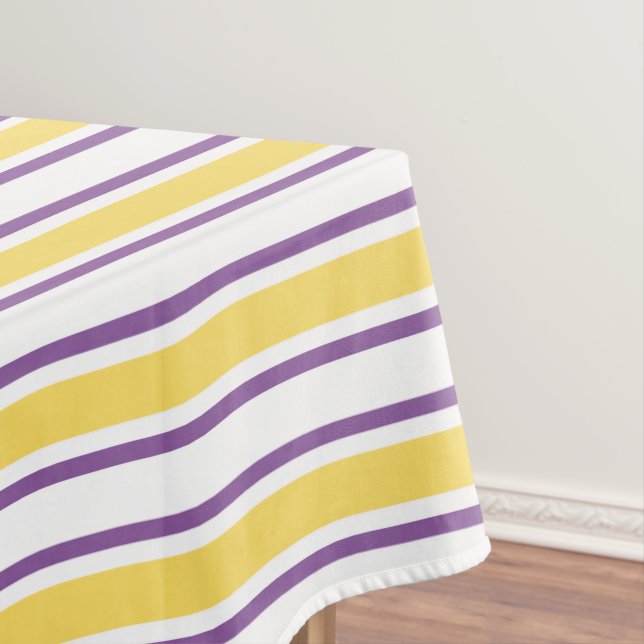 Yellow, purple and white candy stripes tablecloth (In Situ)