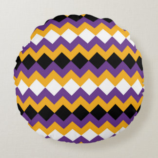 Yellow, Purple, Black and White Zigzag Chevron Round Cushion