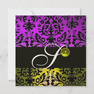 YELLOW PURPLE BLACK DAMASK MONOGRAM TOPAZ Gold Invitation