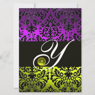 YELLOW PURPLE BLACK DAMASK MONOGRAM TOPAZ INVITATION